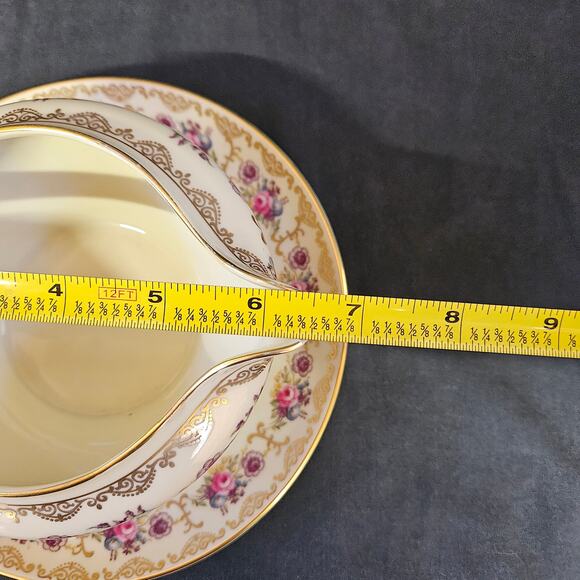 Vintage H&C Selb Bavaria Gravy Boat Dish Bowl Attached Plate Floral Gold Trim - Picture 8 of 9